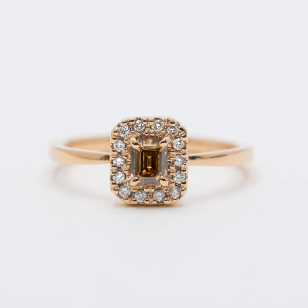 ③Brown emerald cut diamond halo ring