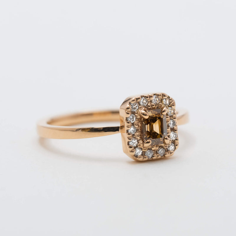 ③Brown emerald cut diamond halo ring