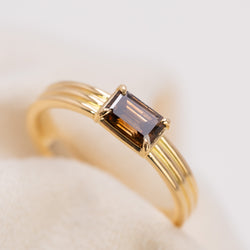 Brown emerald cut diamond three row ring